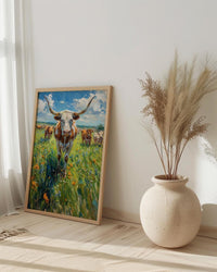 Texas Longhorn Cattle Poster, Western Animal Nature Decor - Lush Green Summer Pasture Blue Sky