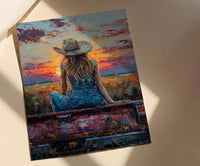 Coastal Cowgirl Art Print, Relaxing Vintage Red Truck Decor - Golden Sunset Summer Field Scene