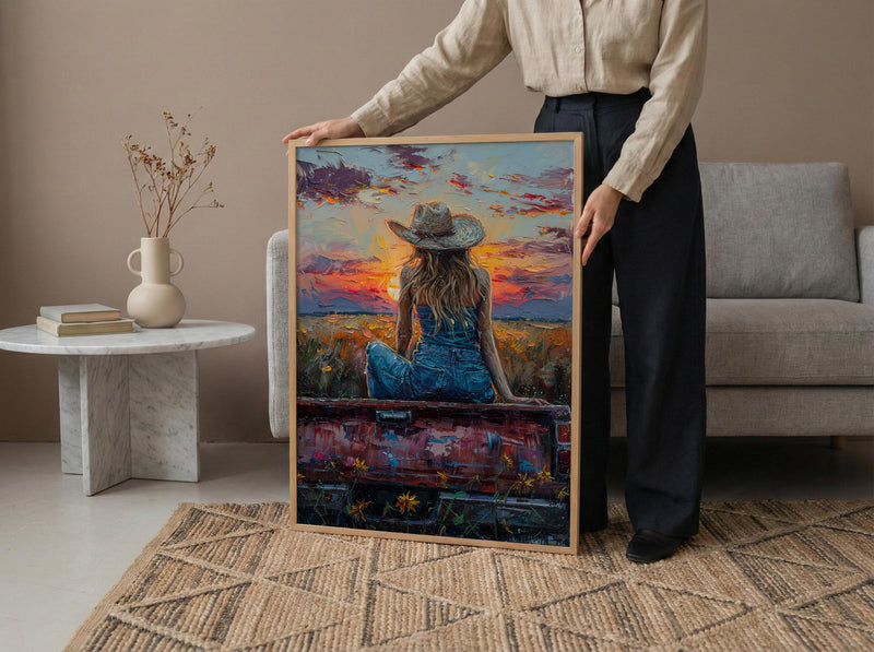 Coastal Cowgirl Art Print, Relaxing Vintage Red Truck Decor - Golden Sunset Summer Field Scene