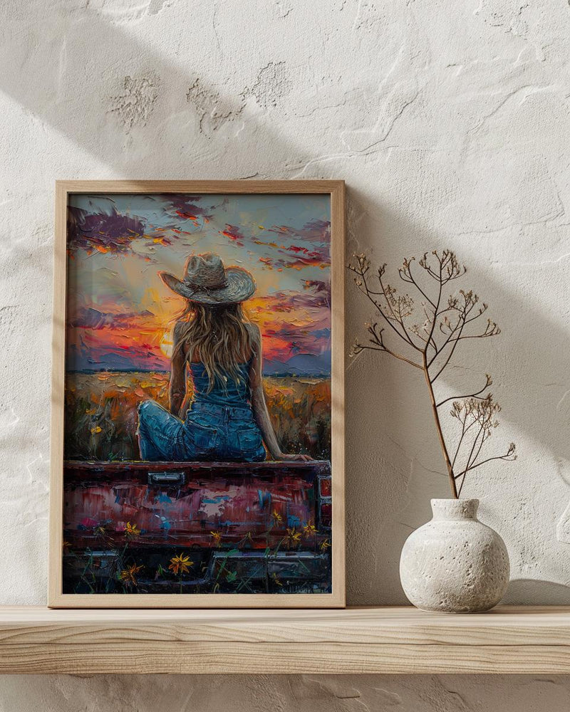 Coastal Cowgirl Art Print, Relaxing Vintage Red Truck Decor - Golden Sunset Summer Field Scene