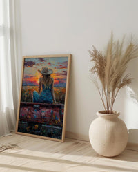 Coastal Cowgirl Art Print, Relaxing Vintage Red Truck Decor - Golden Sunset Summer Field Scene