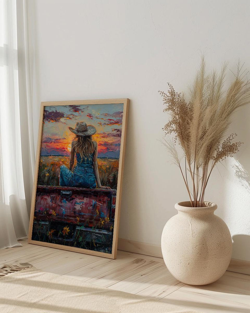 Coastal Cowgirl Art Print, Relaxing Vintage Red Truck Decor - Golden Sunset Summer Field Scene