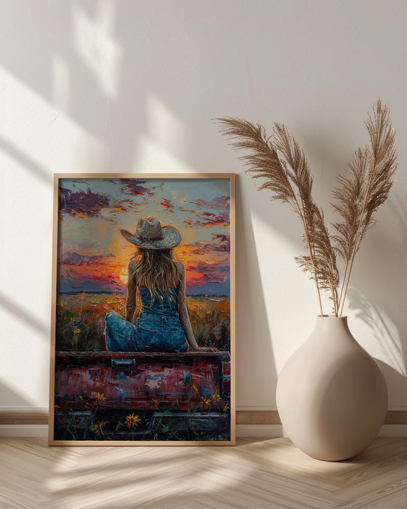 Coastal Cowgirl Art Print, Relaxing Vintage Red Truck Decor - Golden Sunset Summer Field Scene
