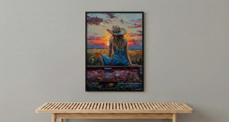 Coastal Cowgirl Art Print, Relaxing Vintage Red Truck Decor - Golden Sunset Summer Field Scene