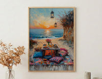 Boho Desert Picnic Poster, Colorful Summer Sunset Room Decor - Vibrant Rug Golden Sand