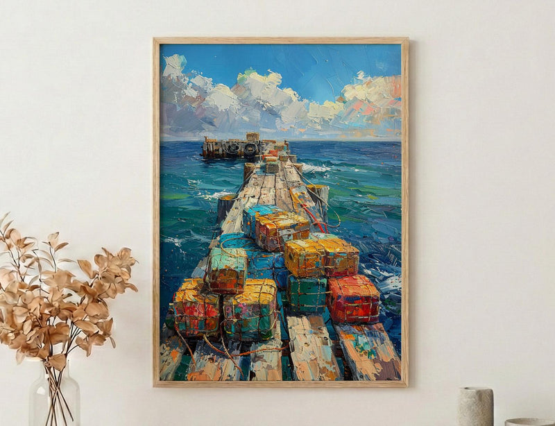 Lobster Trap Coastal Art Print, Maine Pier Nautical Decor - Colorful Buoy Summer Ocean