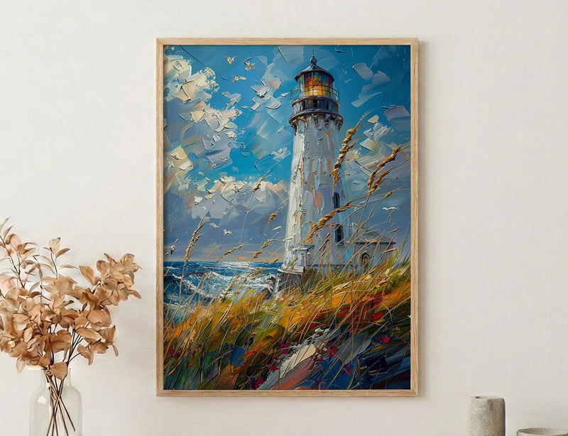 Lighthouse Seagrass Beach Wall Art, Classic Coastal Ocean Decor - White Tower Summer Wind