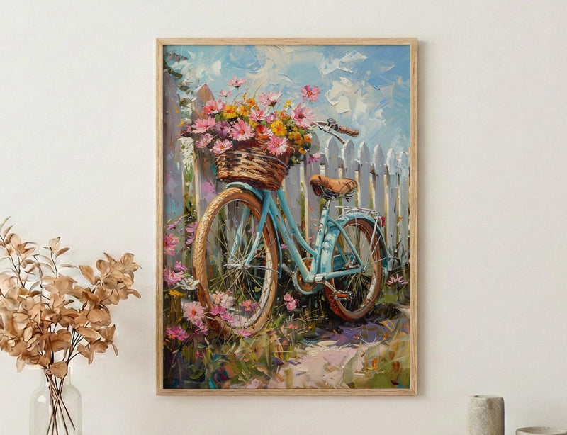 Preppy Beach Bicycle Art Print, Coastal Summer Flower Decor - White Picket Fence View