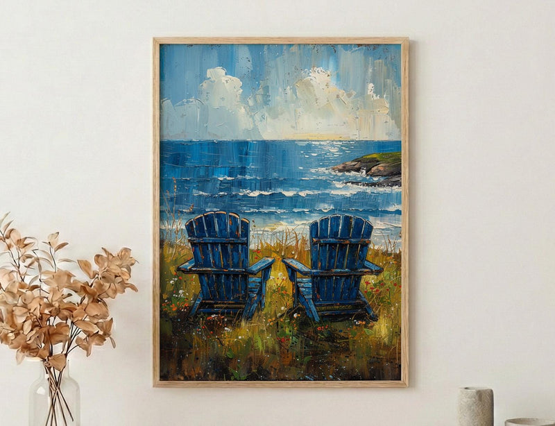 Adirondack Chair Ocean Wall Art, Navy Blue Coastal Decor - Green Lawn Summer Scene