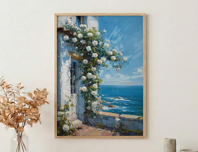 Hamptons White Rose Poster, Luxury Beach House Coastal Decor - Beautiful Garden Summer Bloom