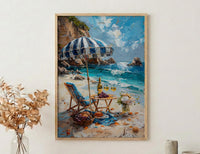 Coastal Wine Picnic Wall Art, Luxury Beach Ocean Decor - Striped Umbrella Summer Sun
