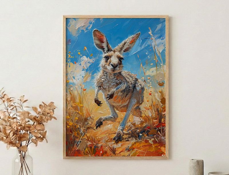 Australia Kangaroo Wild Art Print, Red Earth Home Decor - Dusty Outback Desert Summer Morning
