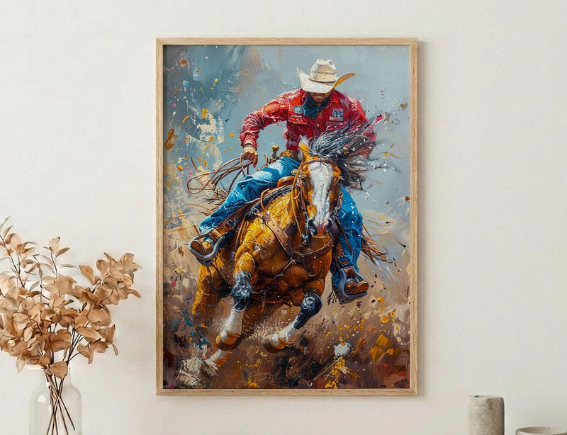 Bucking Bronco Rodeo Poster, Western Cowboy Action Decor - Dusty Summer Arena Wild Animal Scene
