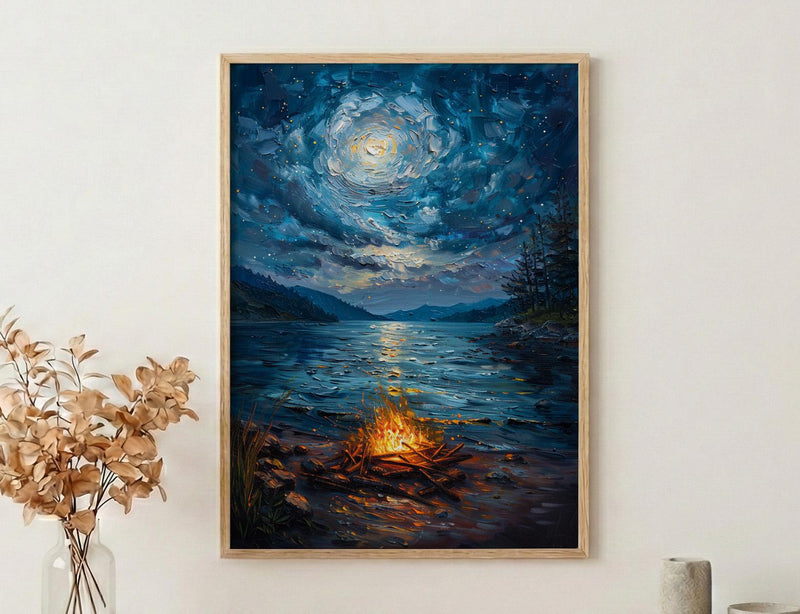 Beach Campfire Night Coast Poster, Starry Sky Home Decor - New Zealand Ocean Summer Escape