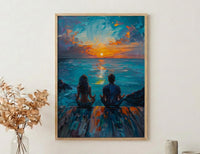 Sunrise Yoga Beach Art Print, Calm Ocean Home Decor - Wooden Deck Coast Summer Retreat