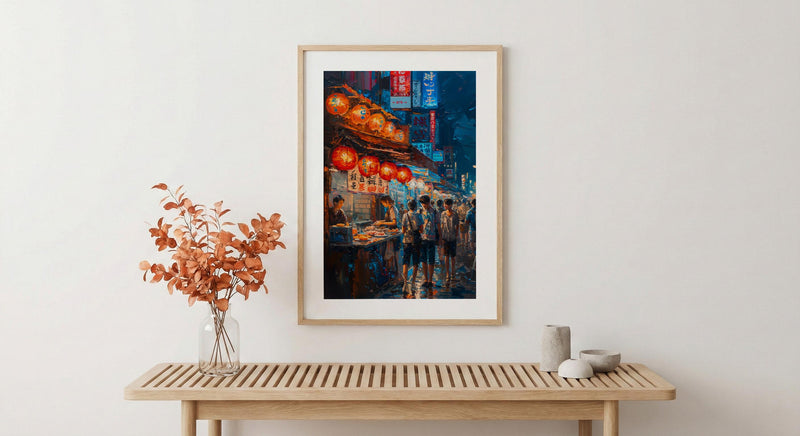 Tokyo Art Print, Summer Food Stall Decor - Night Street Landscape