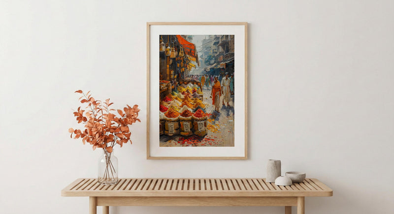 India Spice Bazaar Art, Delhi Market Decor - Vibrant Summer Print