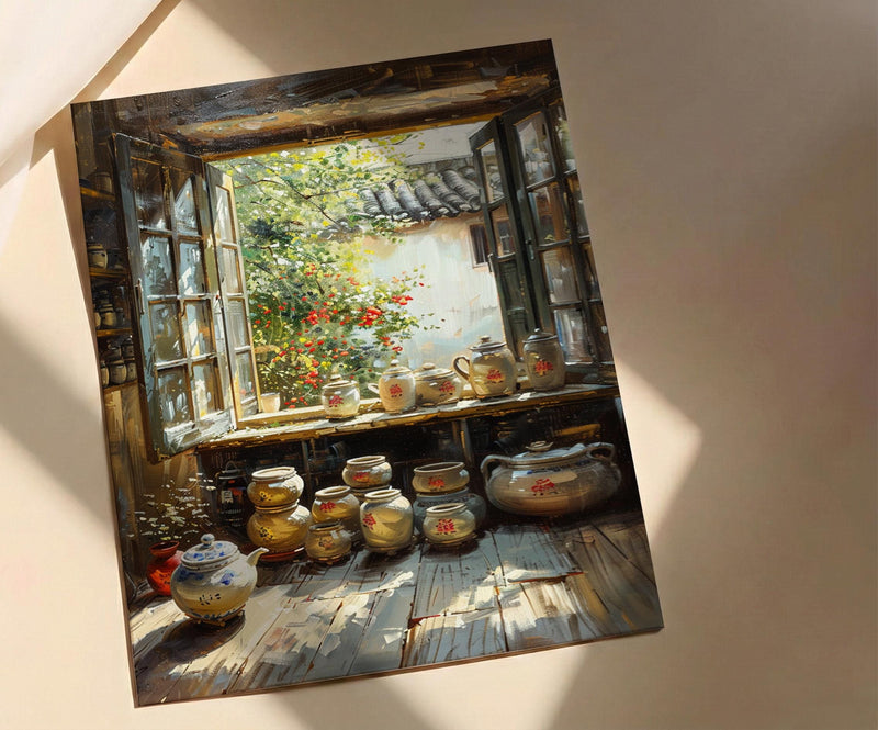 Chinese Tea Market Art, Antique Teapot Decor - Summer Morning Print