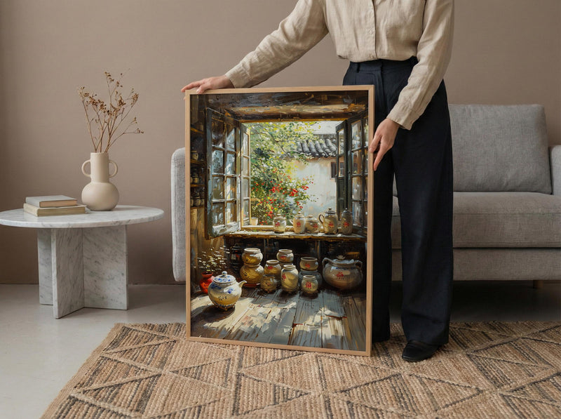 Chinese Tea Market Art, Antique Teapot Decor - Summer Morning Print