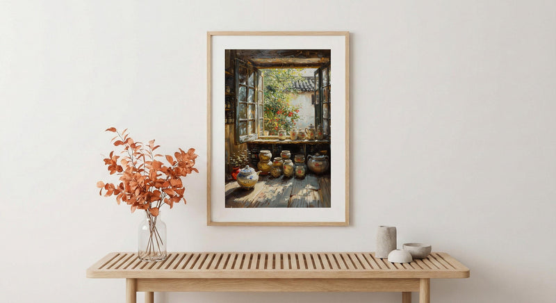 Chinese Tea Market Art, Antique Teapot Decor - Summer Morning Print