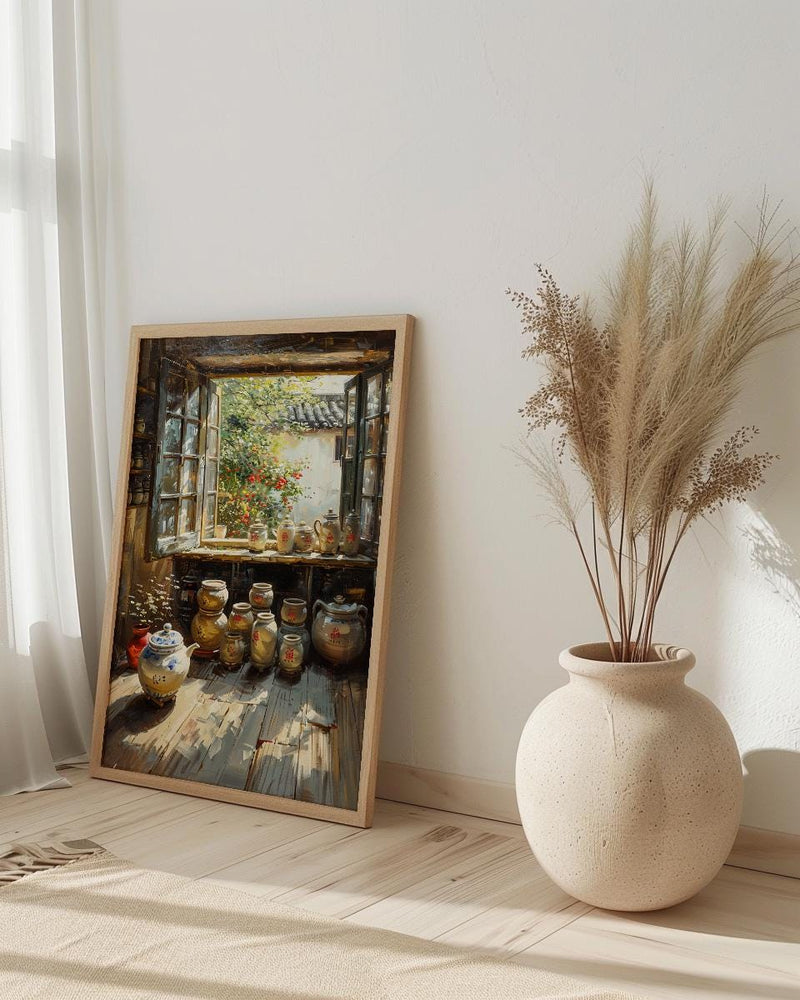 Chinese Tea Market Art, Antique Teapot Decor - Summer Morning Print