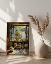 Chinese Tea Market Art, Antique Teapot Decor - Summer Morning Print
