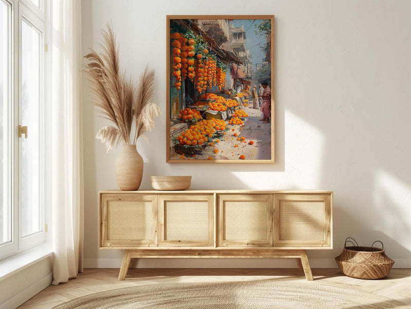 Jaipur Market Art Print, Orange Marigold Decor - India Street Poster