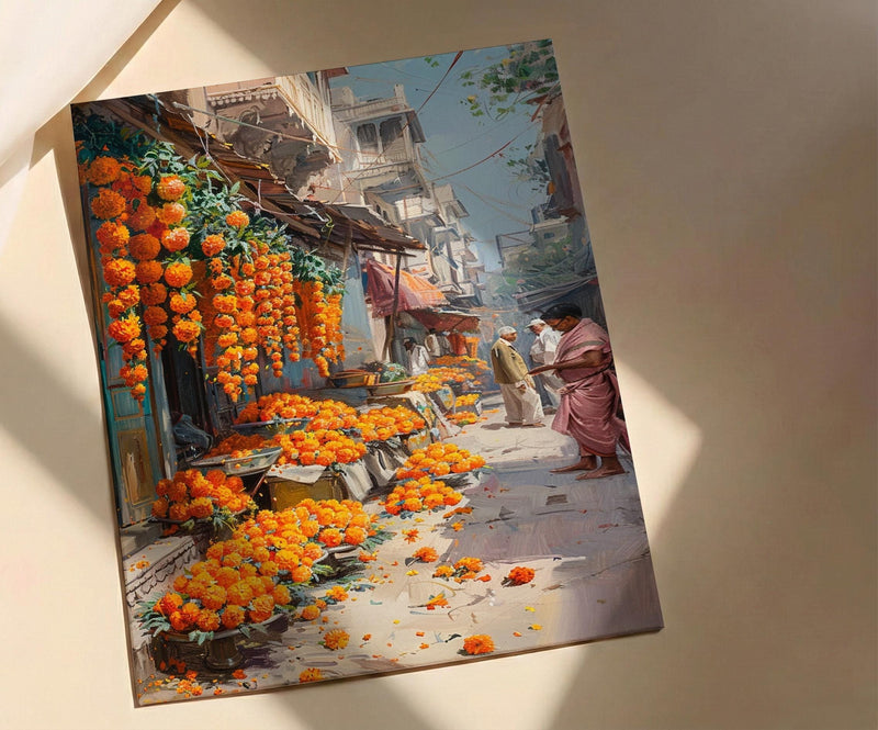 Jaipur Market Art Print, Orange Marigold Decor - India Street Poster