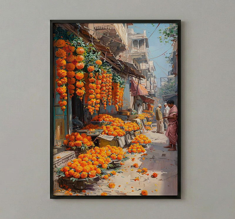 Jaipur Market Art Print, Orange Marigold Decor - India Street Poster
