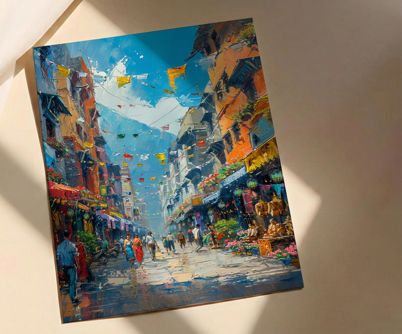 Kathmandu Market Poster, Nepal Thangka Decor - Prayer Flag Art