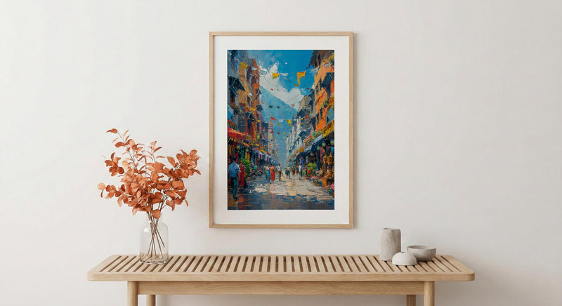 Kathmandu Market Poster, Nepal Thangka Decor - Prayer Flag Art