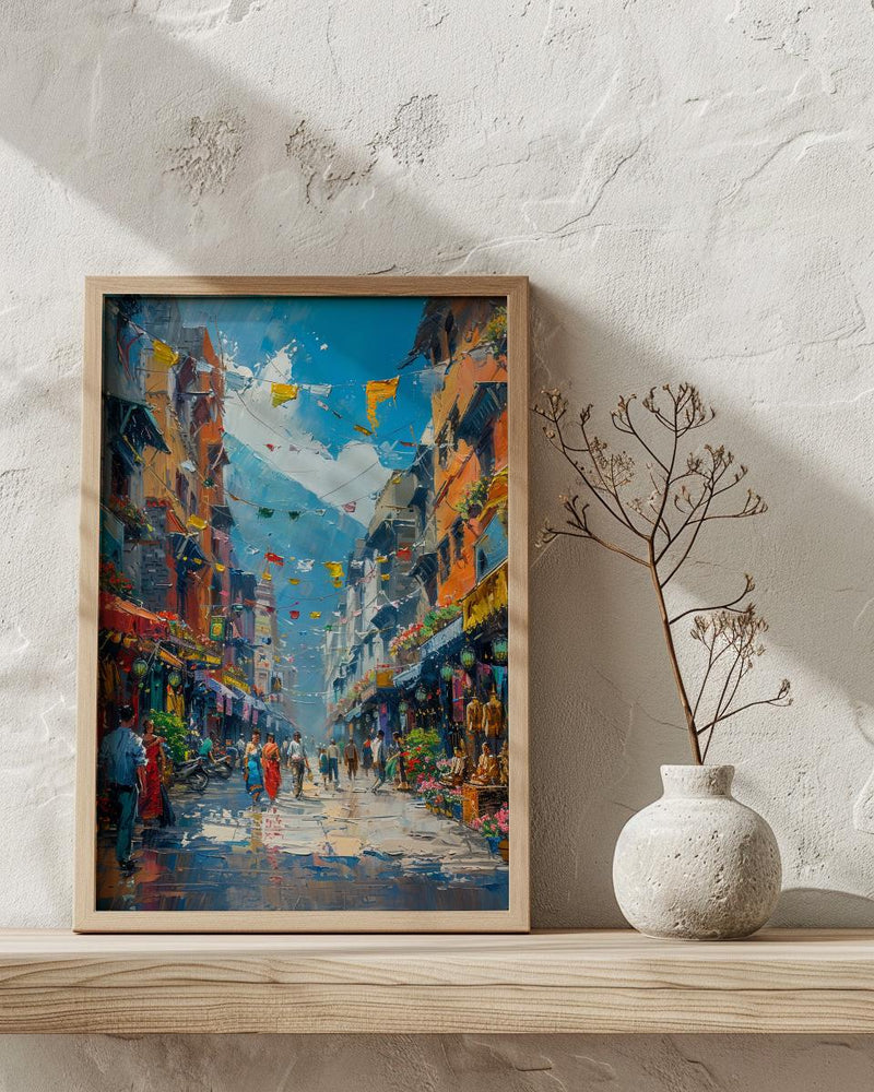 Kathmandu Market Poster, Nepal Thangka Decor - Prayer Flag Art