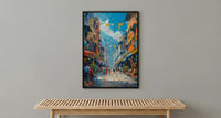 Kathmandu Market Poster, Nepal Thangka Decor - Prayer Flag Art