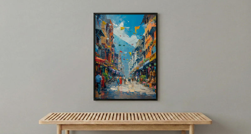 Kathmandu Market Poster, Nepal Thangka Decor - Prayer Flag Art