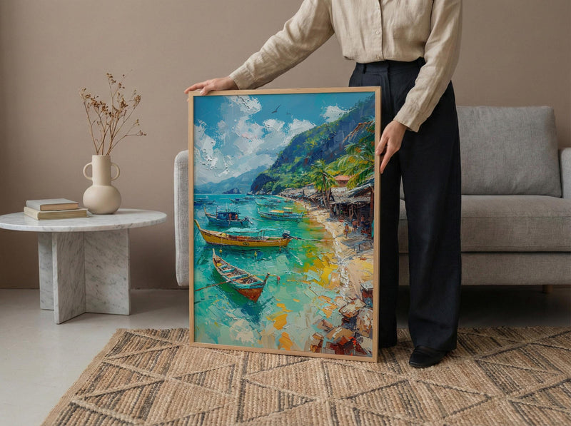 Manila Fish Market Art, Philippines Coastal Decor - Wooden Boat Print