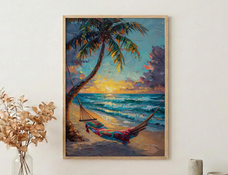 Fiji Beach Hammock Art Print, Golden Sunset Home Decor - Tropical Palm Coast Summer Getaway