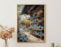 Kyoto Antique Market Print, Vintage Kimono Decor - Summer Temple Art