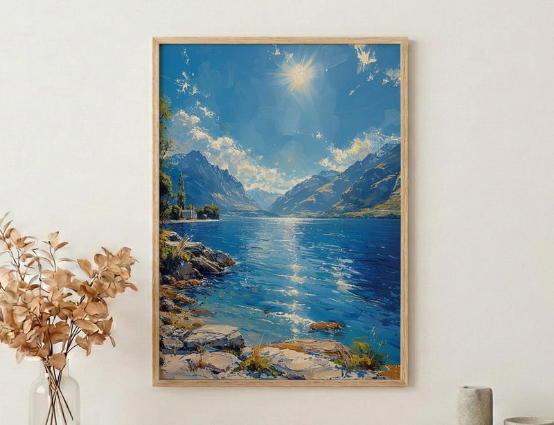 Queenstown Lake View Nature Poster, Majestic Mountain Home Decor - New Zealand Water Summer Beauty