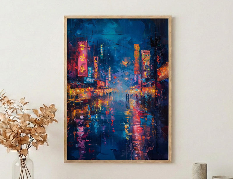 Seoul Night Market Art, Neon Street Decor - Korean Food Stall