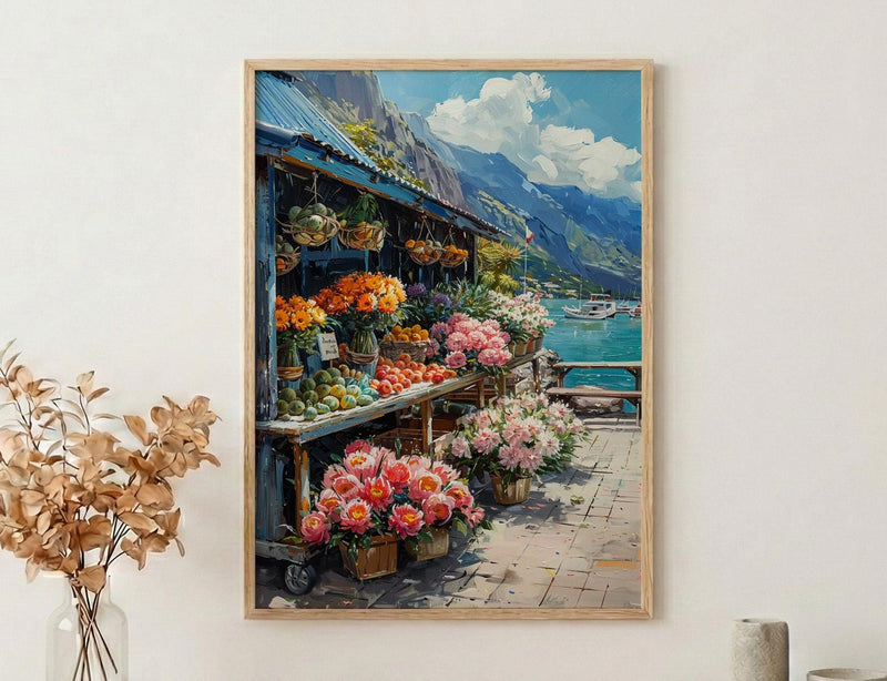 Noumea Port Market Art Print, French Bakery Home Decor - Tropical Floral Town Summer Scene
