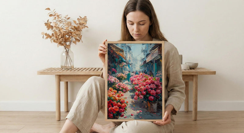 Dhaka Flower Market Art, Bangladesh Floral Decor - Red Lotus Print
