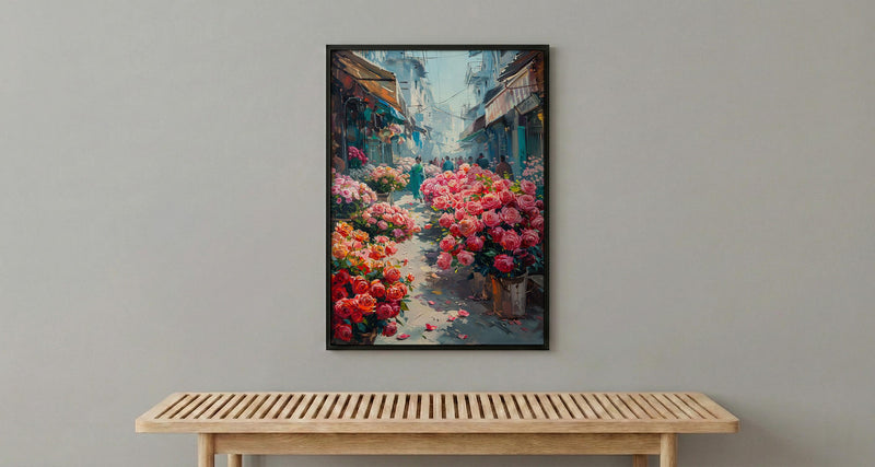 Dhaka Flower Market Art, Bangladesh Floral Decor - Red Lotus Print