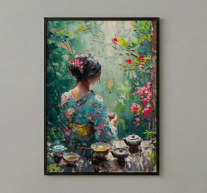 Japanese Tea Ceremony, Summer Garden Decor - Floral Kimono Print