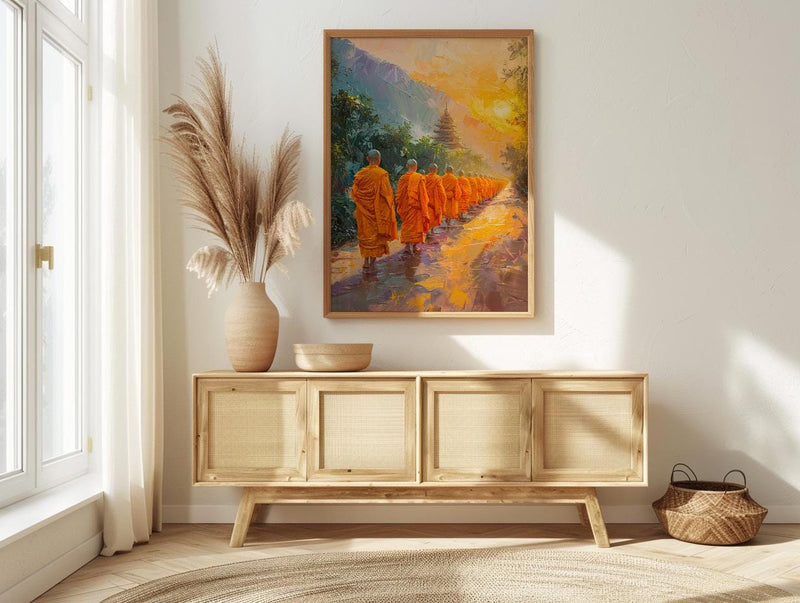 Thai Monk Art Print, Saffron Robe Decor - Sunrise Landscape