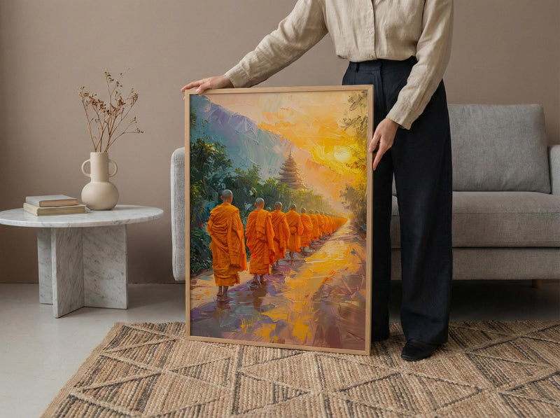 Thai Monk Art Print, Saffron Robe Decor - Sunrise Landscape