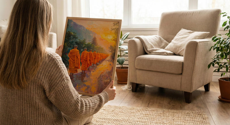 Thai Monk Art Print, Saffron Robe Decor - Sunrise Landscape