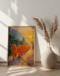 Thai Monk Art Print, Saffron Robe Decor - Sunrise Landscape