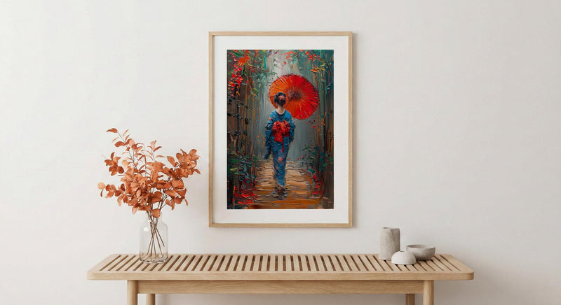 Kyoto Geisha Poster, Red Umbrella Decor - Japan Street Art
