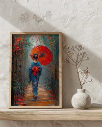 Kyoto Geisha Poster, Red Umbrella Decor - Japan Street Art