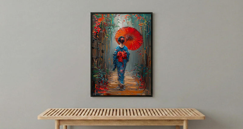 Kyoto Geisha Poster, Red Umbrella Decor - Japan Street Art